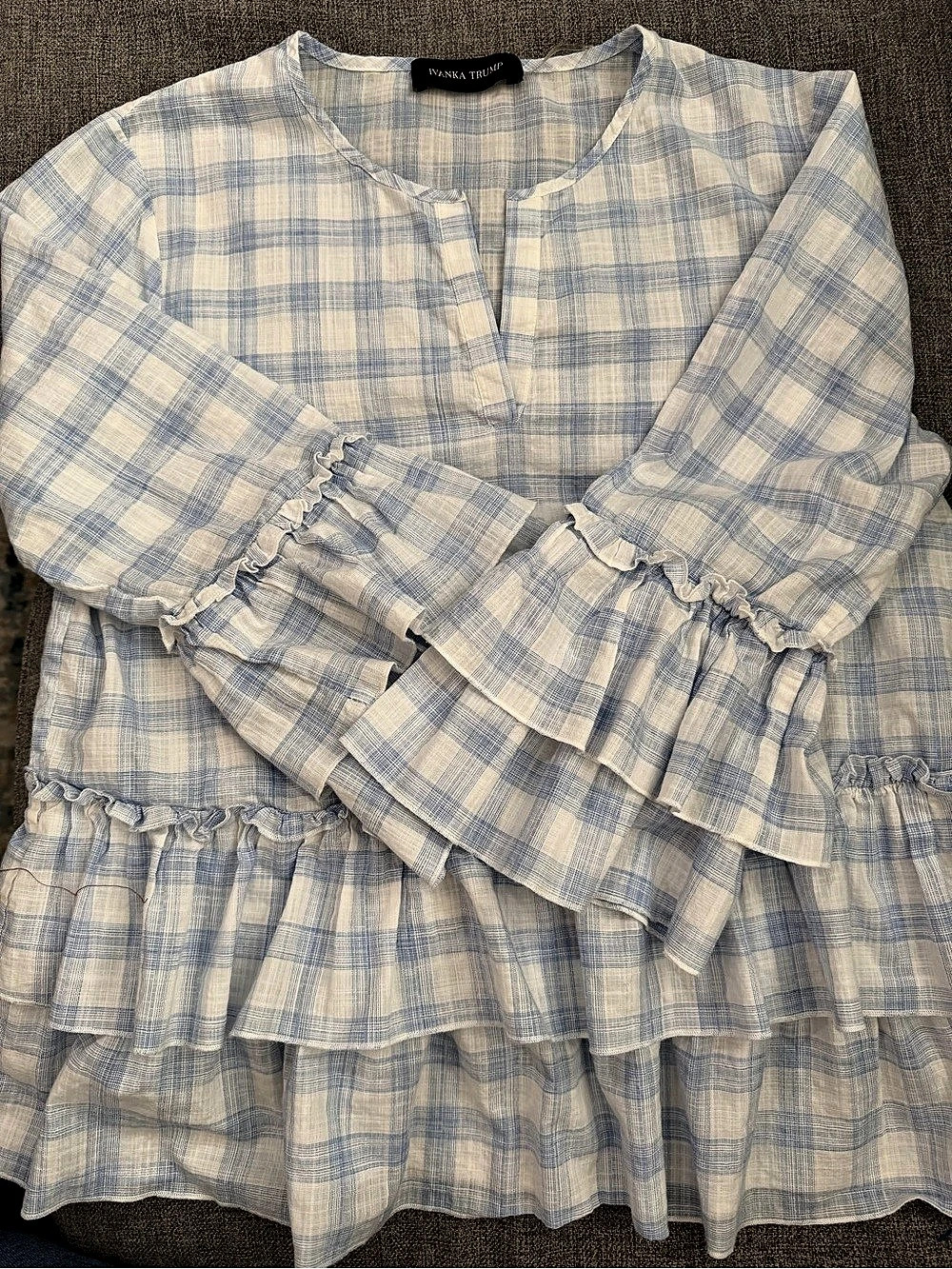 Ivanka Trump Plaid Ruffle Bell Sleeve Blouse in Blue & White Like New Size Med.